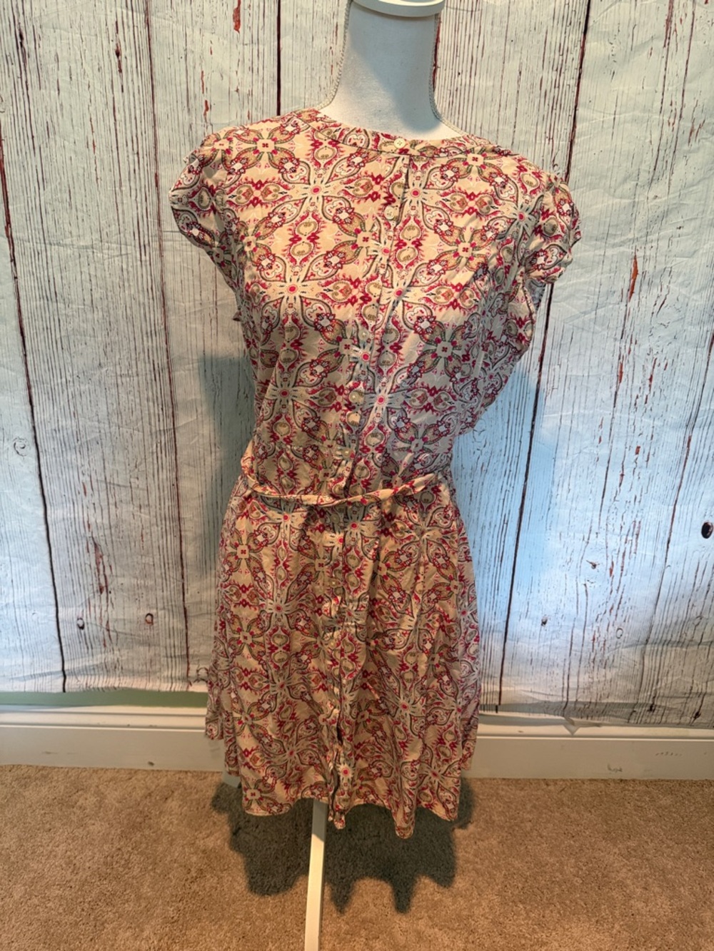 Ann Taylor Cream and Pink Printed Cap-Sleeve Button-Front Mini Dress